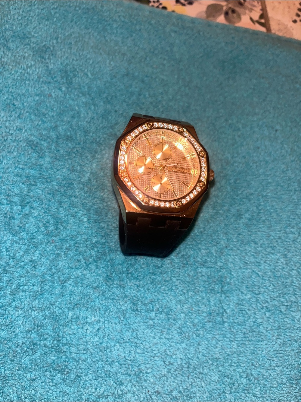 Rocawear Gold-Tone Crystal Bezel Chronograph Watch with Black Strap